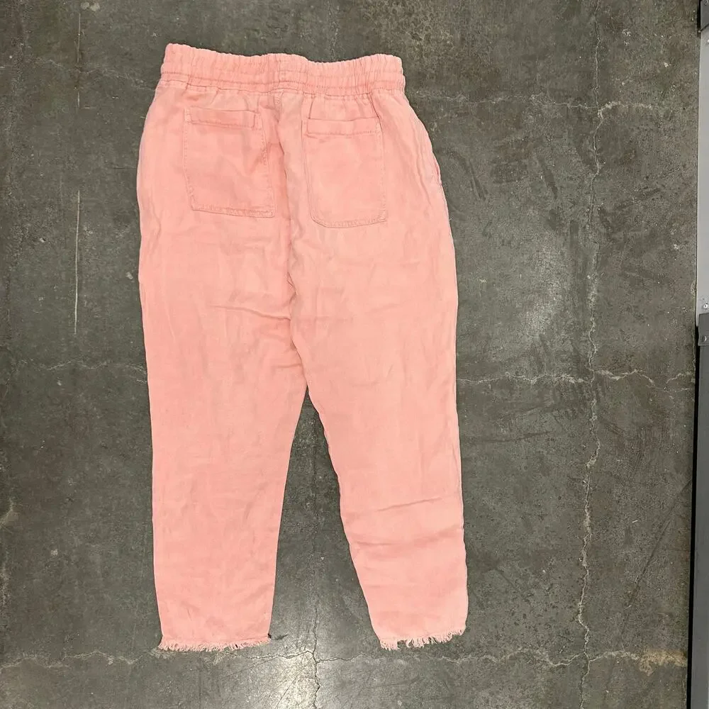 ZARA Linen Blend Elastic Drawstring Waist Frayed Hem Pants Coral Pink Womens L